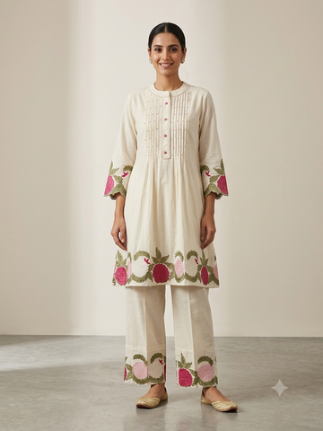 Blanc Bloom | Floral Embroidered White Co-Ord Set | Kurta Pant Set