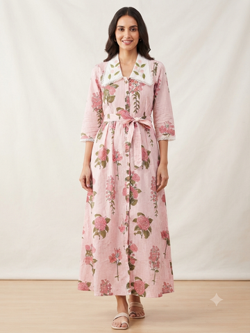 Blush Mist Doriya | Baby Pink All-Over Thread Work Kota Doriya One-Piece Dress