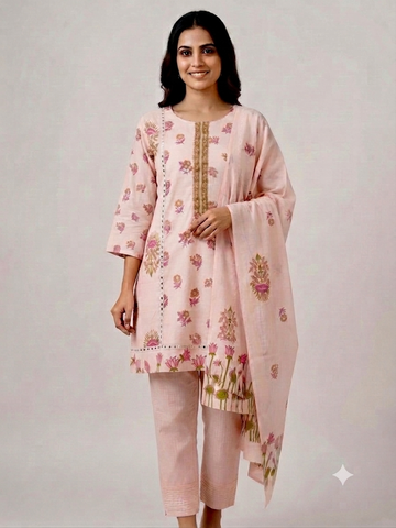 Lotus Blush | Baby Pink Lotus Floral Printed Cotton Kurta Set with Dupatta
