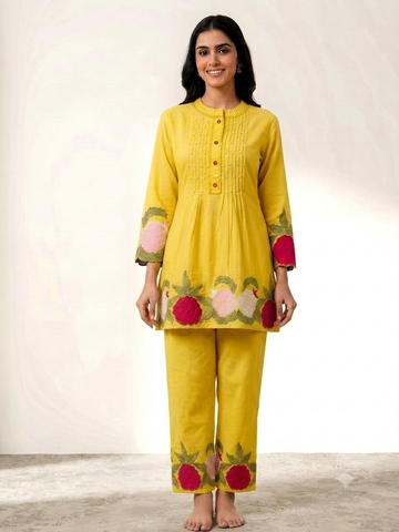 Soleil Edit | Floral Embroidered Yellow Co-Ord Set | Kurta Pant Set
