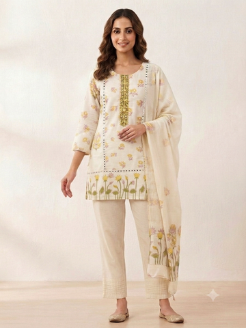 Lotus Blanc | Off-White Lotus Floral Printed Cotton Kurta Set with Dupatta