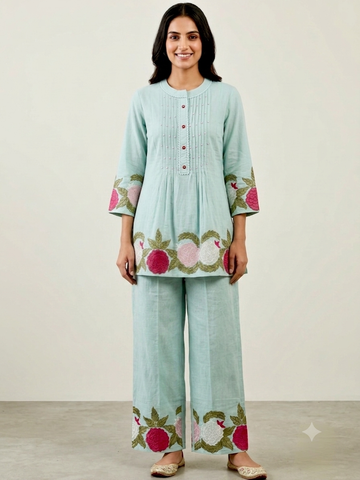 Azure Bloom | Floral Embroidered Powder Blue Co-Ord Set | Kurta Pant Set