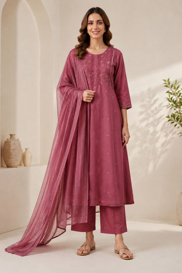 Plum Affair | Plum Pink Hand Embroidered Kurti Set with Dupatta