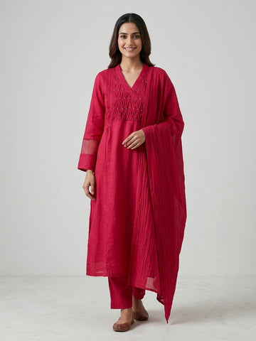 Rose Royale | Rani Pink Pearl Detailing Doriya Suit | 3-Piece Kurta Set with Dupatta