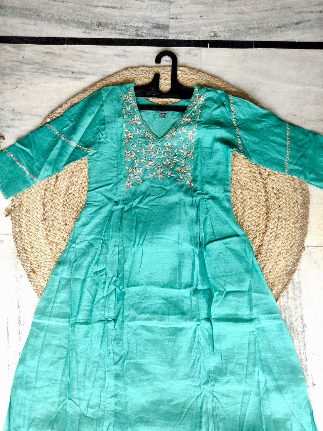 Jade Rendezvous | Teal Green Chanderi Silk V-Neck Embroidered Kurta Set with Trousers & Dupatta