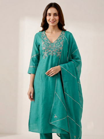 Jade Rendezvous | Teal Green Chanderi Silk V-Neck Embroidered Kurta Set with Trousers & Dupatta
