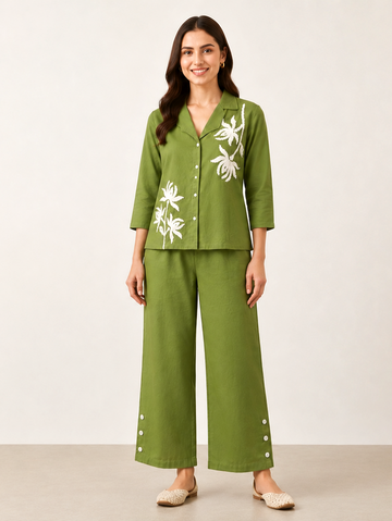 Olive Atelier | Olive Green Cotton Floral Embroidered Shirt & Trousers Co-ord Set