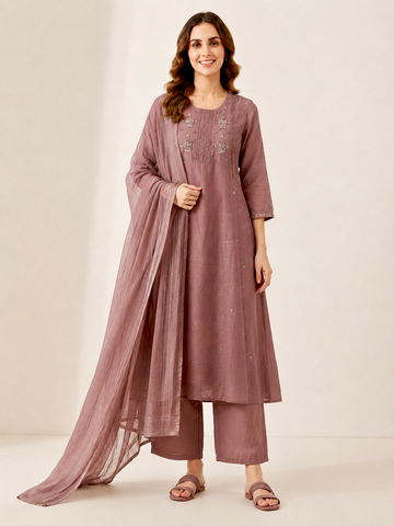 Mauve Reverie | Dusty Mauve Hand Embroidered Kurti Set with Dupatta