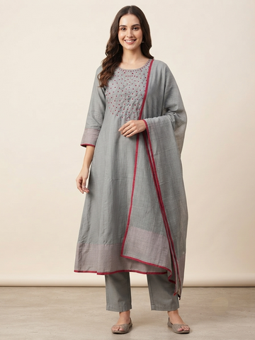Silver Mist | Grey Hand Embroidered Chanderi Silk Kurta Set with Trousers & Dupatta