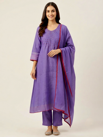 Violet Dusk | Purple Hand Embroidered Chanderi Silk Kurta Set with Trousers & Dupatta