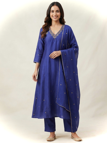 The Ivory Stitch | Hand Embroidered Mul Chanderi Kurta Set