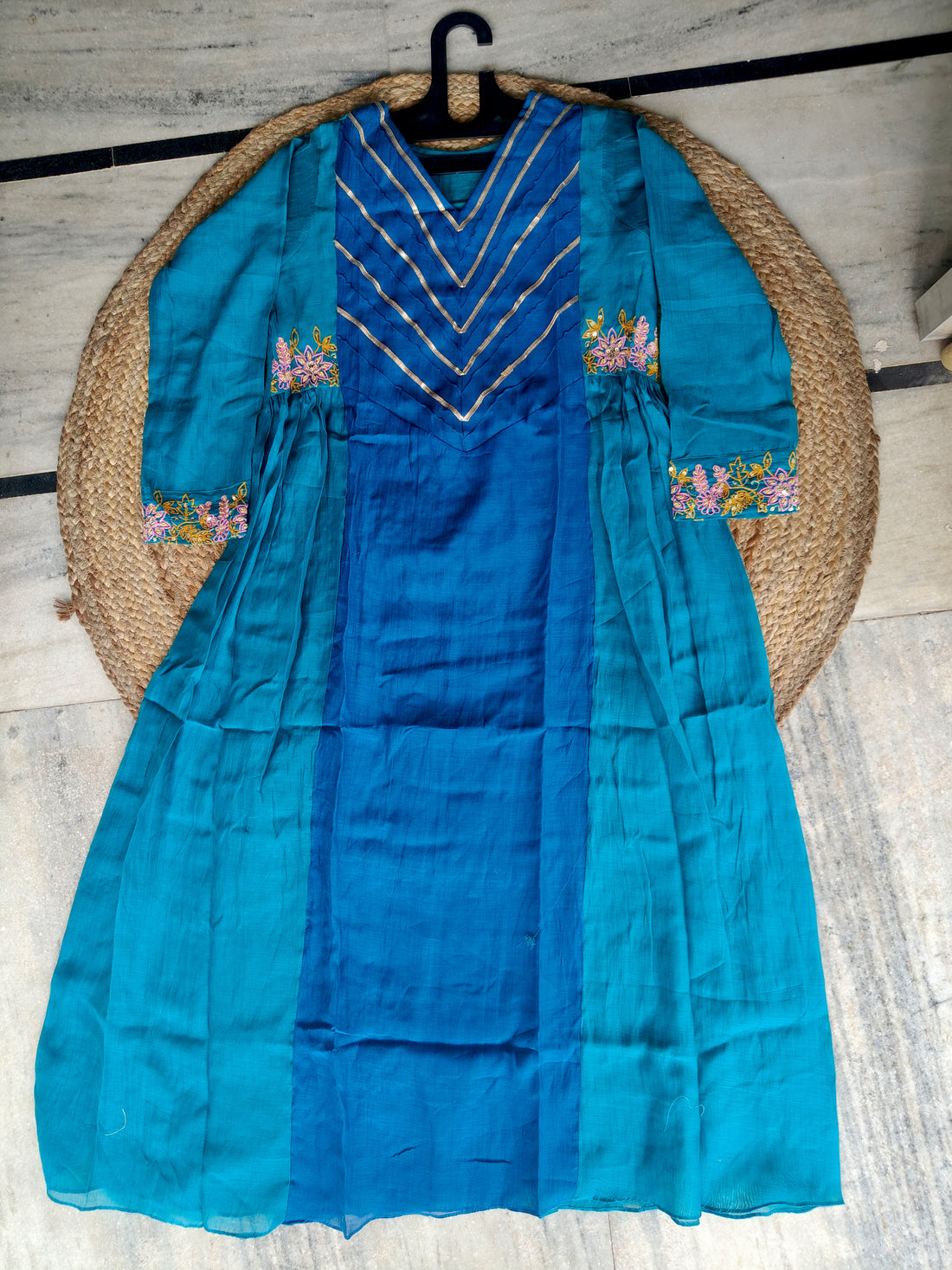 Teal Empress | Teal Blue Hand Embroidered Chanderi Silk Anarkali Kurta Set with Dupatta