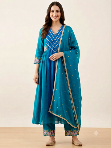 Teal Empress | Teal Blue Hand Embroidered Chanderi Silk Anarkali Kurta Set with Dupatta