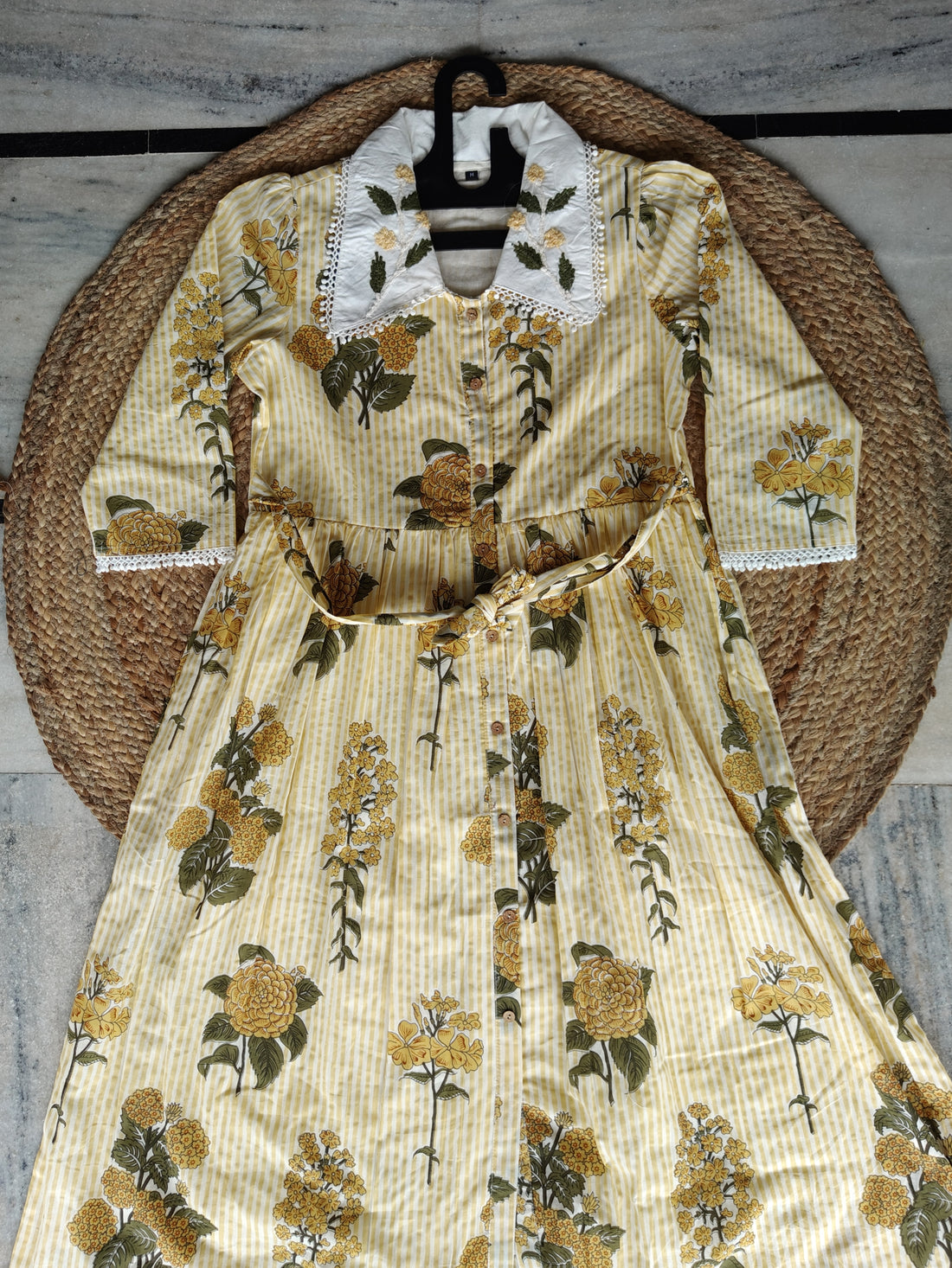 Golden Hour Doriya | Yellow All-Over Thread Work Kota Doriya | One-Piece Dress with Embroidered Collar