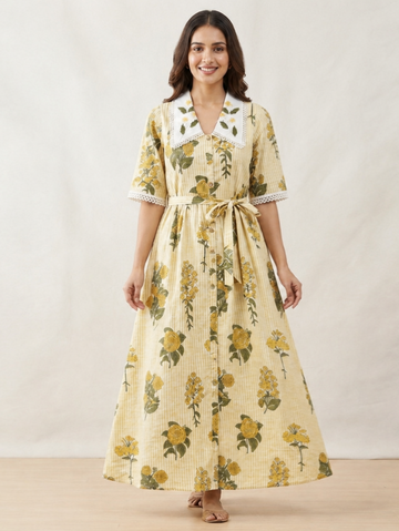 Golden Hour Doriya | Yellow All-Over Thread Work Kota Doriya | One-Piece Dress with Embroidered Collar