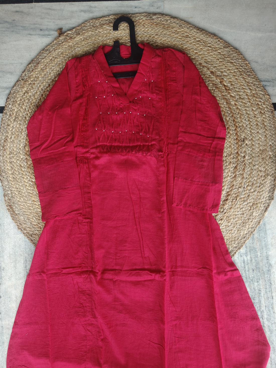 Rose Royale | Rani Pink Pearl Detailing Doriya Suit | 3-Piece Kurta Set with Dupatta