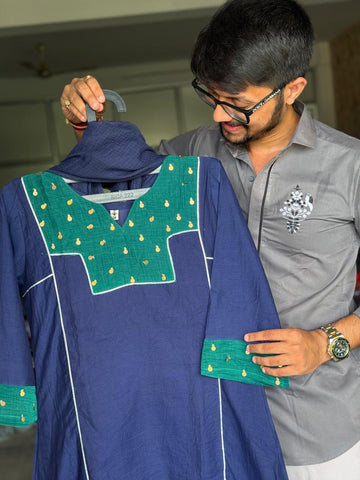 Cobalt Luxe | Royal Blue Premium Mul Chanderi V-Neck Suit Set with Shaded Doriya Dupatta