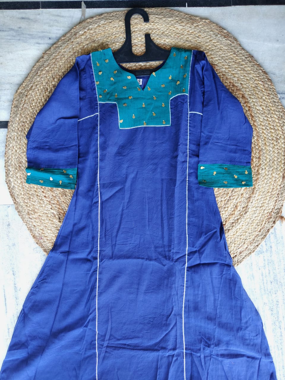 Cobalt Luxe | Royal Blue Premium Mul Chanderi V-Neck Suit Set with Shaded Doriya Dupatta