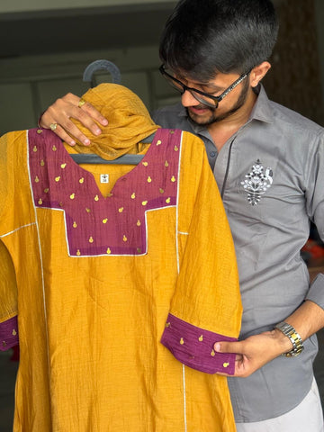 Saffron Luxe | Mustard Yellow Premium Mul Chanderi V-Neck Suit Set with Shaded Doriya Dupatta