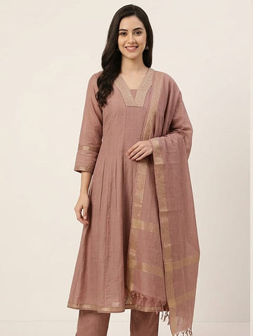 Rose Anarkali | Dusty Rose Premium Mul Chanderi Pleated Anarkali Suit Set with Kota Doriya Dupatta