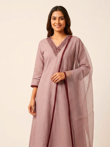Blush & Berry | Mauve & Bright Pink Premium Mul Chanderi V-Neck Suit Set with Kota Doriya Dupatta