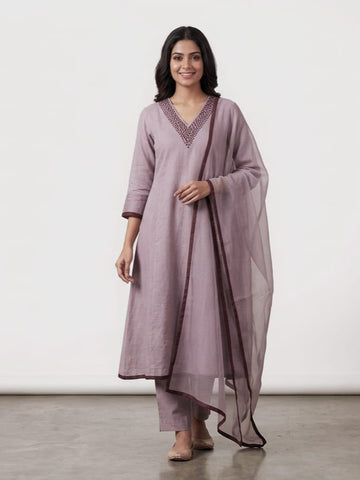Lavender Dusk | Dusty Lavender & Wine Premium Mul Chanderi V-Neck Suit Set with Kota Doriya Dupatta