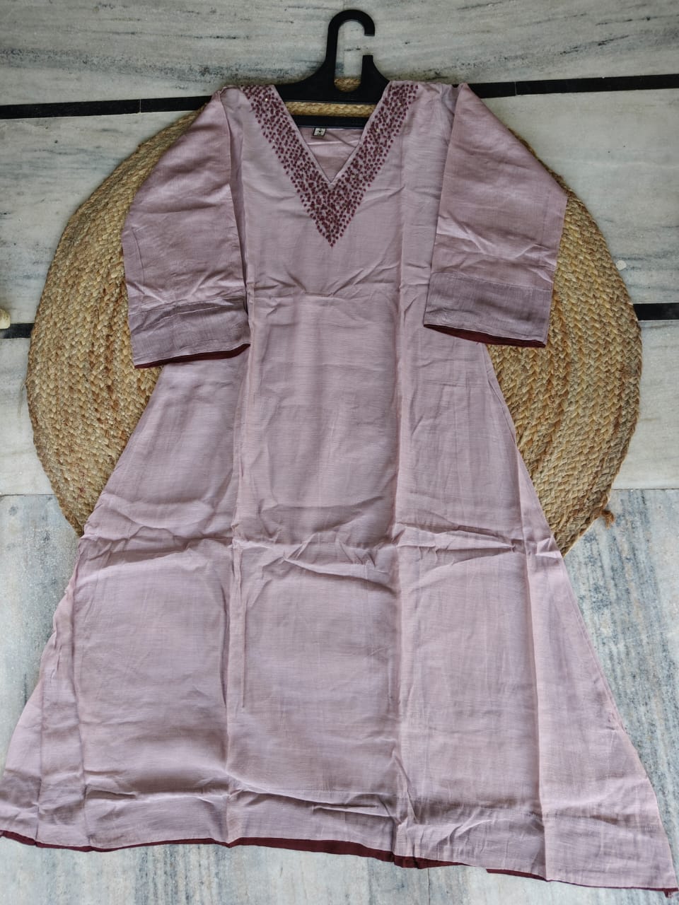 Lavender Dusk | Dusty Lavender & Wine Premium Mul Chanderi V-Neck Suit Set with Kota Doriya Dupatta