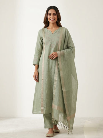 Sage Soirée | Sage Green Premium Mul Chanderi Embroidered Suit Set with Kota Doriya Dupatta