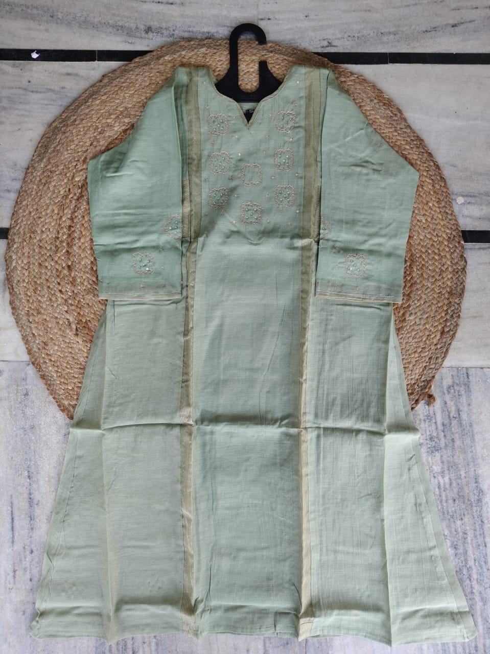 Sage Soirée | Sage Green Premium Mul Chanderi Embroidered Suit Set with Kota Doriya Dupatta