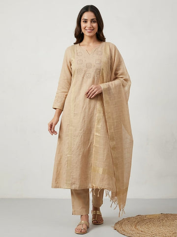 Gold Zari Edit | Beige Gold Premium Mul Chanderi Embroidered Suit Set with Zari Doriya Dupatta
