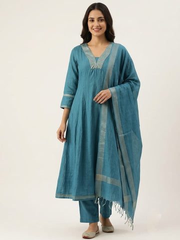 Teal Pleats | Teal Blue Premium Mul Chanderi Pleated Anarkali Suit Set with Kota Doriya Dupatta