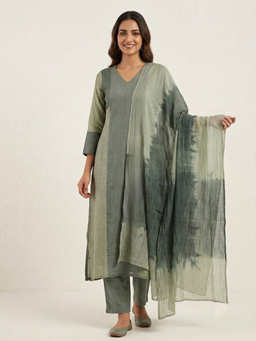 Sage Colorblock | Sage Green Color-Blocked Mul Chanderi Suit Set with Tie-Dye Kota Doriya Dupatta