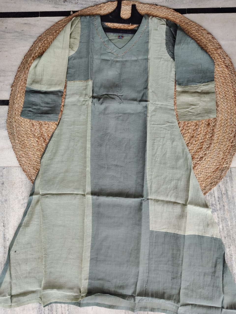 Sage Colorblock | Sage Green Color-Blocked Mul Chanderi Suit Set with Tie-Dye Kota Doriya Dupatta