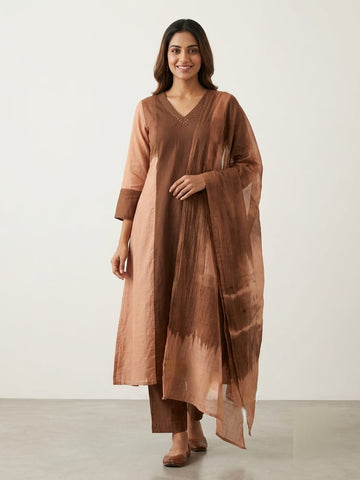 Earthy Luxe | Earthy Brown Color-Blocked Mul Chanderi Suit Set with Tie-Dye Kota Doriya Dupatta
