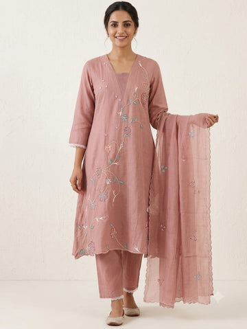 Rose Scallop | Dusty Rose Hand Embroidered Chanderi Suit Set with Scalloped Organza Dupatta
