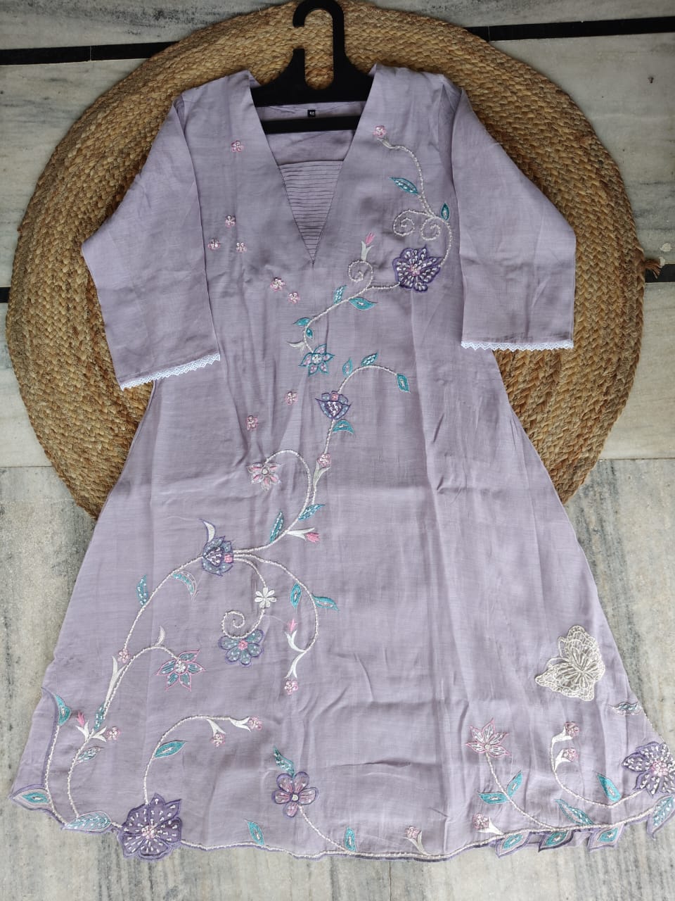 Lavender Reverie | Lavender Hand Embroidered Chanderi Suit Set with Scalloped Organza Dupatta
