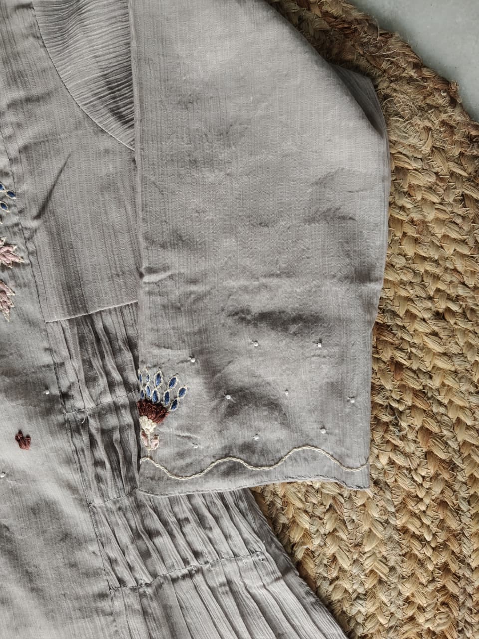 Ash & Grace | Grey Hand Embroidered Chanderi A-Line Kurta Set with Scalloped Organza Dupatta