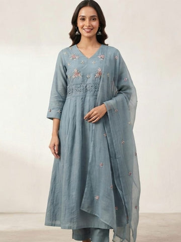 Slate Florals | Slate Blue Floral Hand Embroidered Chanderi Flared Suit Set with Organza Dupatta
