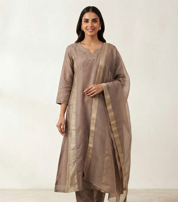 Taupe Kalidar | Mocha Taupe Chanderi Kalidar Kurta Set with Gold Zari Tissue Side Panels & Dupatta