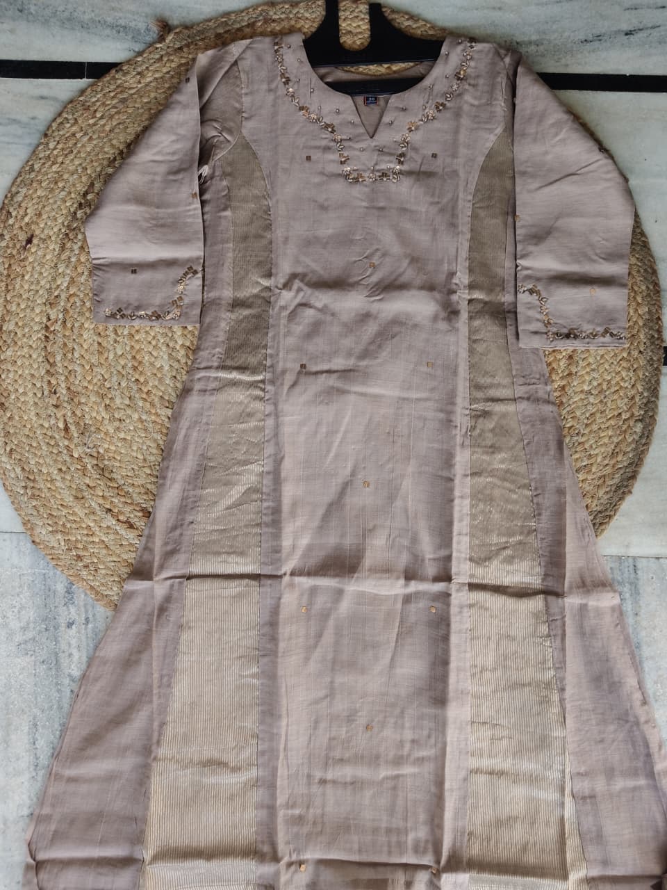 Taupe Kalidar | Mocha Taupe Chanderi Kalidar Kurta Set with Gold Zari Tissue Side Panels & Dupatta