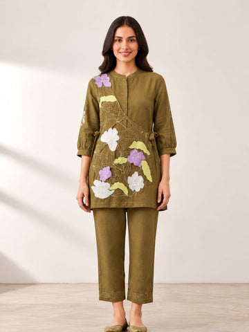 Olive Cutwork | Olive Green Floral Applique Cutwork Tunic with Trousers - 2 Piece Set