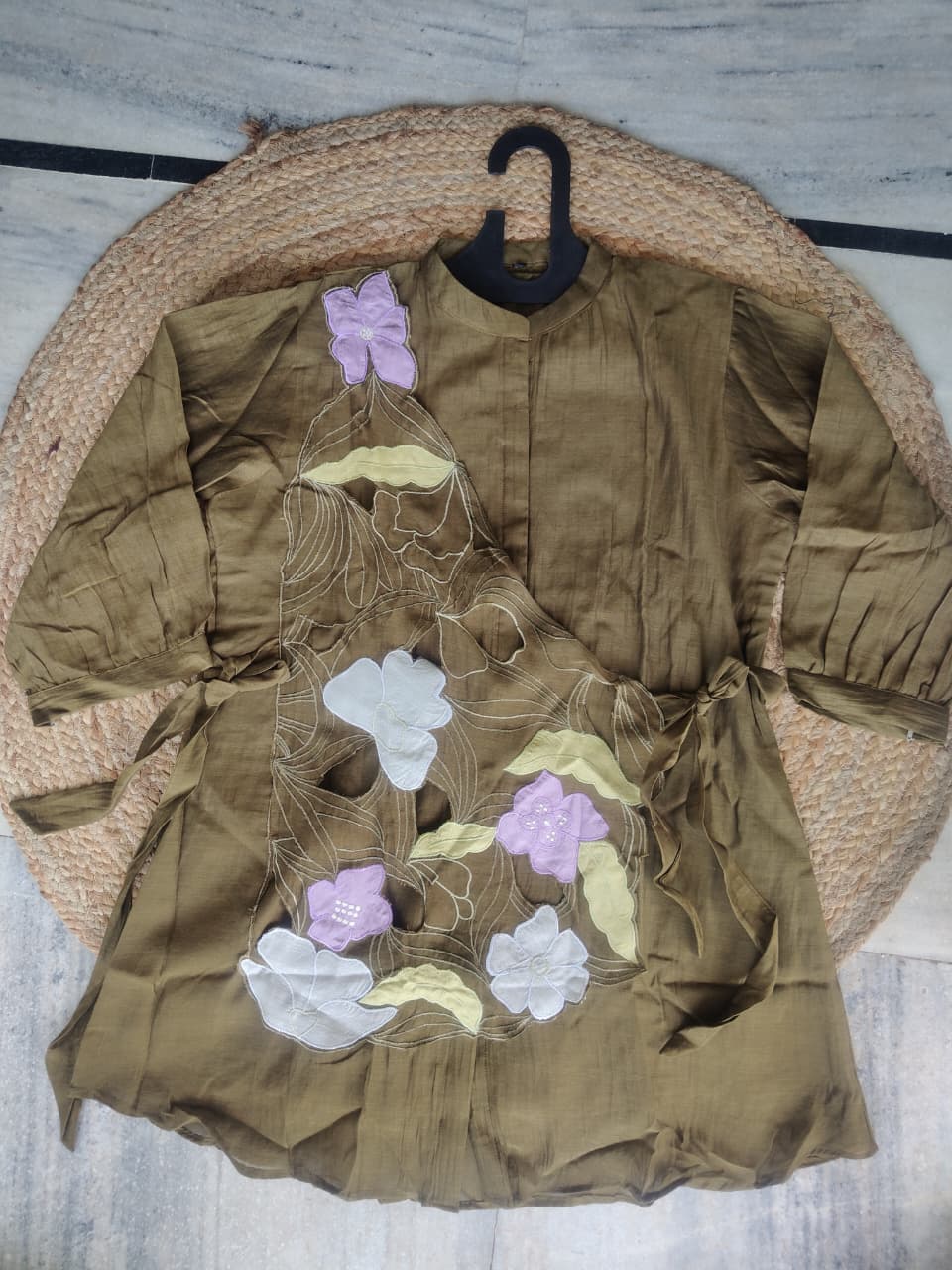 Olive Cutwork | Olive Green Floral Applique Cutwork Tunic with Trousers - 2 Piece Set