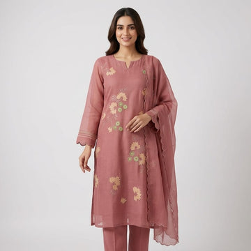 Rose Jali Edit | Dusty Rose Chanderi Floral Embroidered Kurta Set with Cutwork Organza Dupatta