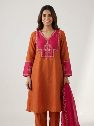 Rust & Rani | Rust Orange & Rani Pink Colorblocked Embroidered Chanderi Kurta Set with Scalloped Dupatta