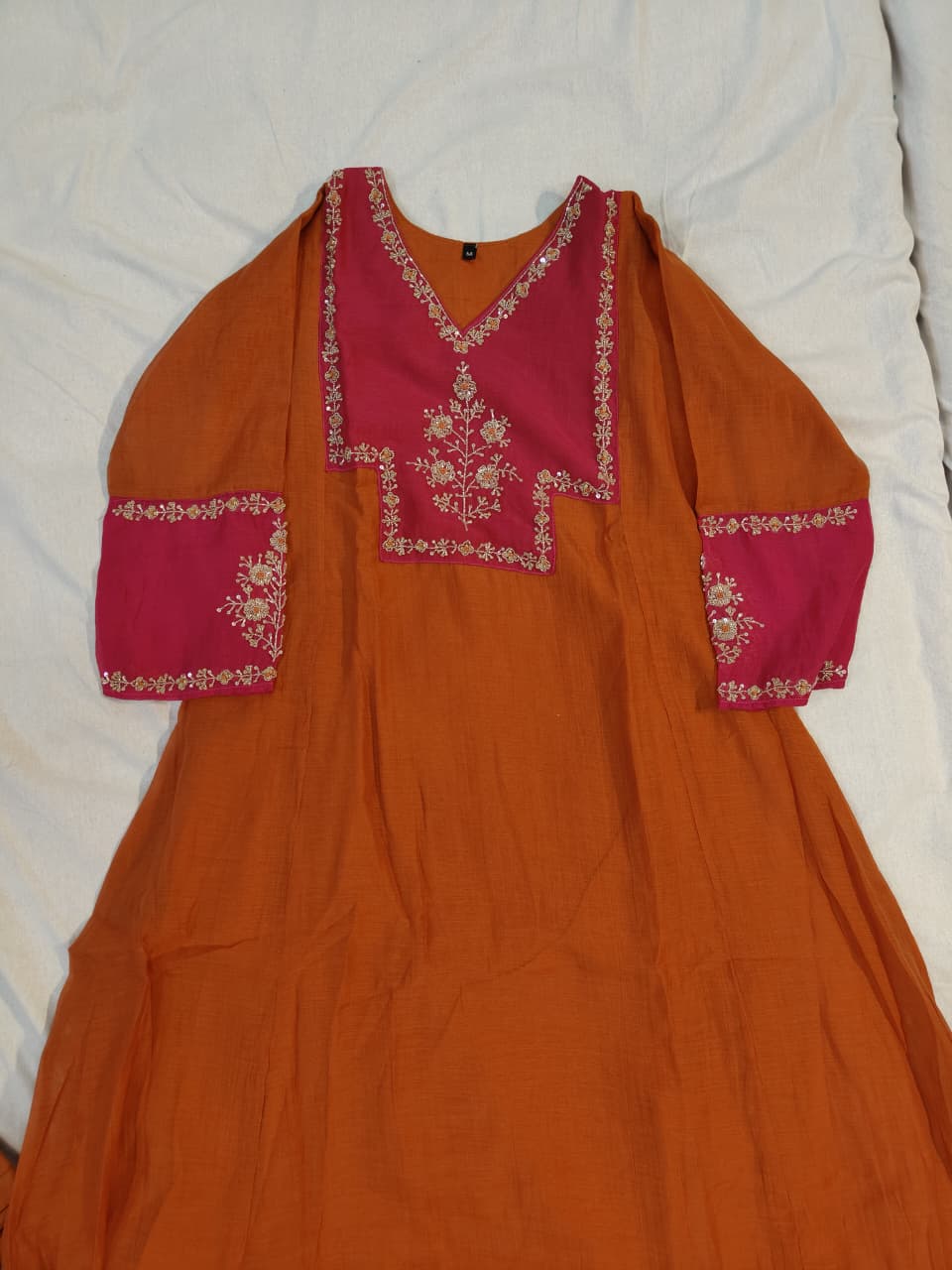Rust & Rani | Rust Orange & Rani Pink Colorblocked Embroidered Chanderi Kurta Set with Scalloped Dupatta