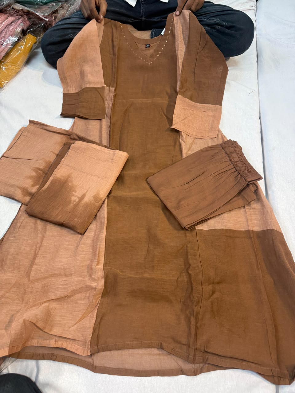 Earthy Luxe | Earthy Brown Color-Blocked Mul Chanderi Suit Set with Tie-Dye Kota Doriya Dupatta