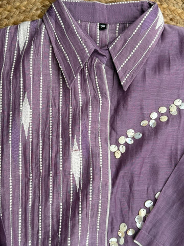 Lilac Shell Shimmer - Lavender Collar Tunic Co-ord Set with Thread Embroidery