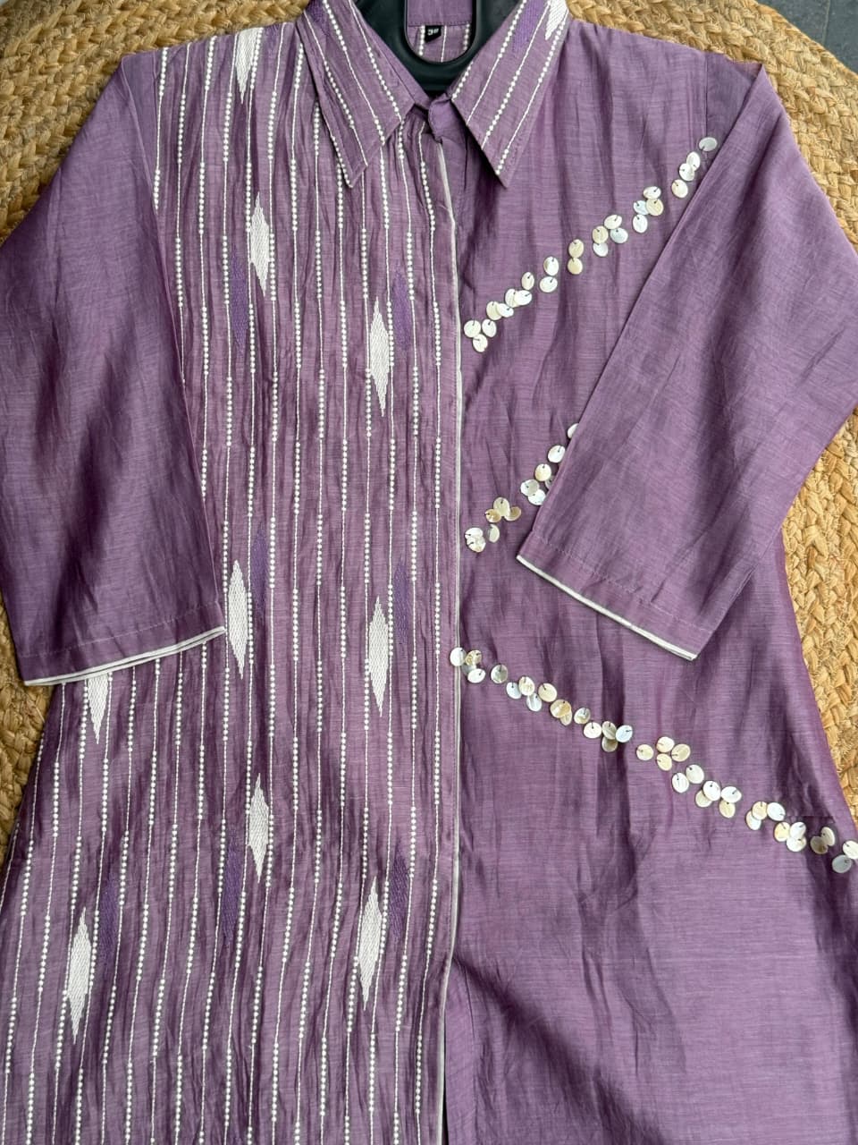 Lilac Shell Shimmer - Lavender Collar Tunic Co-ord Set with Thread Embroidery