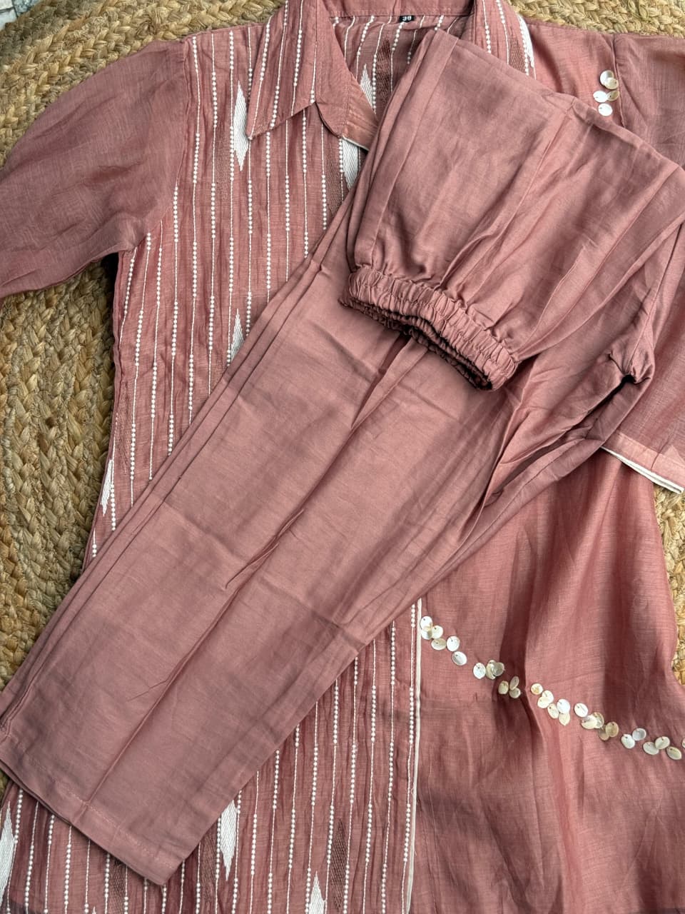 Mauve Bloom Shell-Embellished Co-Ord Set - Dusty Rose Shirt & Trousers ✨🌸