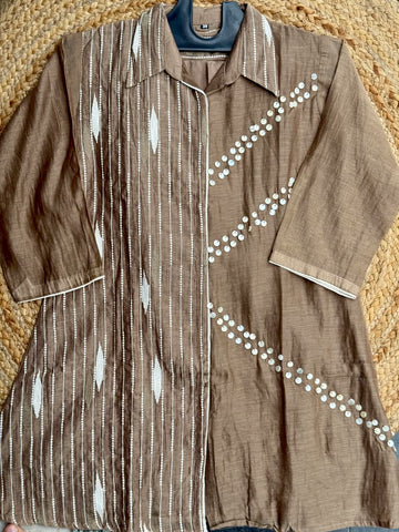 Taupe Brown Collar Tunic Co-ord Set with Shell Embellishments & Thread Embroidery